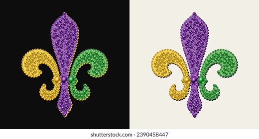 Fleur de Lis symbol made with mosaic of beads. Illustration for Mardi Gras carnival. Royal French heraldry symbol.