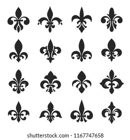 Fleur de lis symbol set. Flower de luce, is a stylized lily, decorative design or floral motif. Vector illustration on white background