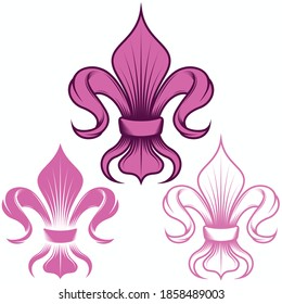 Fleur de lis vector design in three different styles, representation of the fleur de lis, symbol used in medieval heraldry. All on white background.