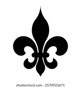 Fleur de Lis vector icon. Heraldic lily flower symbol for royal emblems, french heritage, and decorative design. Black silhouette isolated on white background.