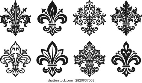 Fleur de lis vector icon set featuring vintage heraldic lily flowers baroque floral motifs and ornate decorative royal embellishmentsFleur de lis vector icon set featuring vintage heraldic lily flowers baroque floral motifs and ornate decorative royal embellishments