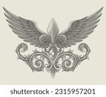 Fleur de lis with wings and ornament floral scroll, Vintage engraving style drawing illustration