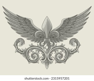 Fleur de lis with wings and ornament floral scroll, Vintage engraving style drawing illustration