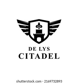 Fleur de lys and citadel with shield and wings logo