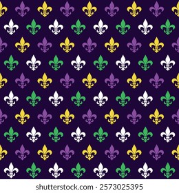 Fleur de Lys Flower seamless pattern, Mardi Gras traditional colors vector background