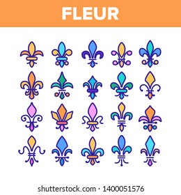 Fleur De Lys, Royalty Linear Vector Icons Set. Fleur, French Lily Thin Line Contour Symbols Pack. Ornate Exterior Decoration Pictograms Collection. Traditional Floral Insignia Outline Illustrations