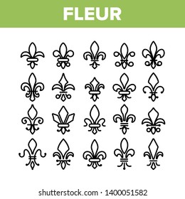 Fleur De Lys, Royalty Linear Vector Icons Set. Fleur, French Lily Thin Line Contour Symbols Pack. Ornate Exterior Decoration Pictograms Collection. Traditional Floral Insignia Outline Illustrations