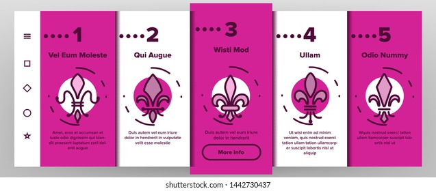 Fleur De Lys, Royalty Linear Vector Onboarding Mobile App Page Screen. Fleur, French Lily Thin Line Contour Symbols Pack. Ornate Exterior. Traditional Floral Insignia Illustrations