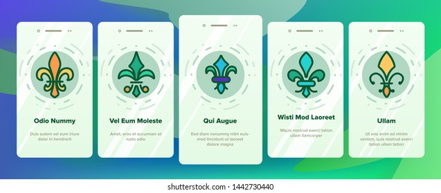 Fleur De Lys, Royalty Linear Vector Onboarding Mobile App Page Screen. Fleur, French Lily Thin Line Contour Symbols Pack. Ornate Exterior. Traditional Floral Insignia Illustrations