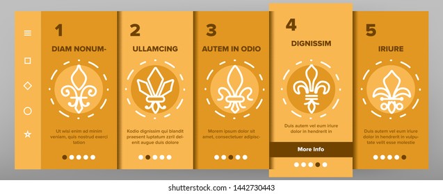 Fleur De Lys, Royalty Linear Vector Onboarding Mobile App Page Screen. Fleur, French Lily Thin Line Contour Symbols Pack. Ornate Exterior. Traditional Floral Insignia Illustrations