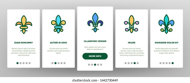 Fleur De Lys, Royalty Linear Vector Onboarding Mobile App Page Screen. Fleur, French Lily Thin Line Contour Symbols Pack. Ornate Exterior. Traditional Floral Insignia Illustrations