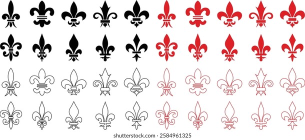 Fleur de Lys symbols or Fleur de Lis vector icon set ornament Silhouette isolated on transparent background. Flower Lily Royal Medieval Heraldic french symbol. Classic emblems flower art pattern.