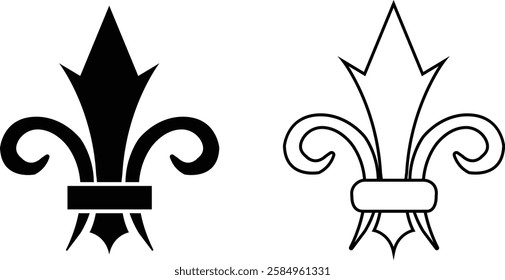 Fleur de Lys symbols or Fleur de Lis vector icon set ornament Silhouette isolated on transparent background. Flower Lily Royal Medieval Heraldic french symbol. Classic emblems flower art pattern.