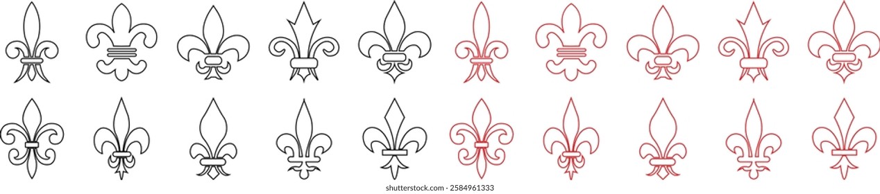 Fleur de Lys symbols or Fleur de Lis vector icon set ornament Silhouette isolated on transparent background. Flower Lily Royal Medieval Heraldic french symbol. Classic emblems flower art pattern.