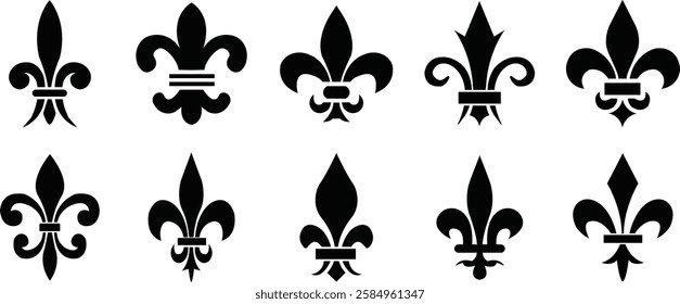 Fleur de Lys symbols or Fleur de Lis vector icon set ornament Silhouette isolated on transparent background. Flower Lily Royal Medieval Heraldic french symbol. Classic emblems flower art pattern.