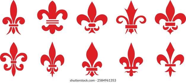 Fleur de Lys symbols or Fleur de Lis vector icon set ornament Silhouette isolated on transparent background. Flower Lily Royal Medieval Heraldic french symbol. Classic emblems flower art pattern.