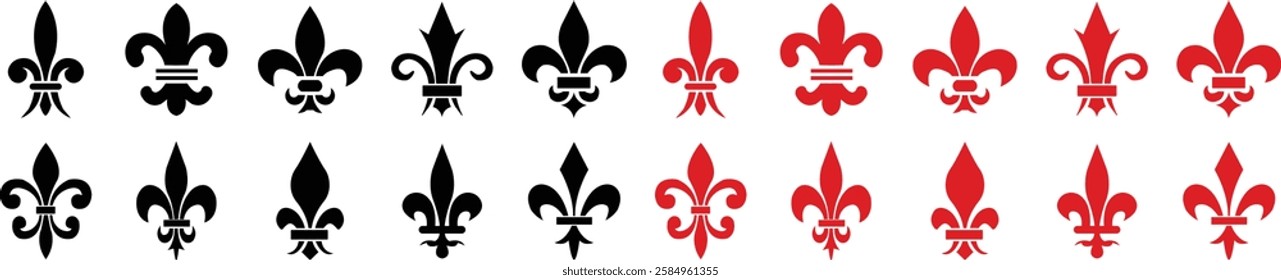 Fleur de Lys symbols or Fleur de Lis vector icon set ornament Silhouette isolated on transparent background. Flower Lily Royal Medieval Heraldic french symbol. Classic emblems flower art pattern.