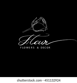 Fleur -  logo with rose for flowers and decor company. Calligraphy logo vector.