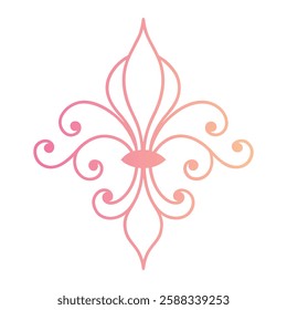 Fleur-de-lis design, ornate filigree pattern, delicate curls and swirls, symmetrical floral motif, pastel pink and peach gradient, elegant French-inspired emblem, intricate line art.