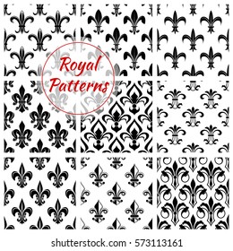 Fleur-de-lis floral pattern set of royal lily flower tracery. Vector background of heraldic ornament and flourish embellishment backdrop for interior design. Imperial flourish ornate motif tiles