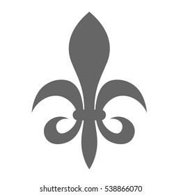 The fleur-de-lis or flower-de-luce sign of lily used as decorative design or symbol in heraldry. Simple elegant flat vector grey illustration on white background.