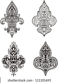 Fleur-de-lis (French Lilies of Bourbons). Set of black and white vector illustrations.