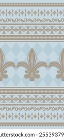 Fleur-de-lis Lily Flowers Pattern with Pale Gold on Argyle Blueish Grey Background. Ancient Qing Dynasty Color Combine Elaborate Victorian Style Seamless Vector. Rich Ornament Border for Luxury Design