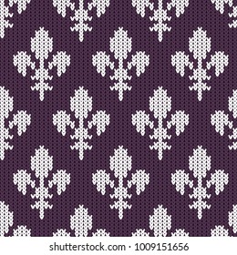 Fleur-de-lis on a seamless vector woolen pattern. Knitted woolen pattern with Heraldic lilies. White royal lilies on purple