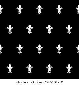 Fleur-de-lis royal french lilly flower seamless patterns. Fleur-de-lys backdrop for interior design. Imperial ornate motif tiles. White silhouettes isolated on a black background. EPS10 vector