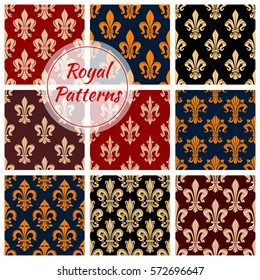 Fleur-de-lis royal french lilly flower seamless patterns. Fleur-de-lys backdrop for interior design. Imperial ornate motif tiles. Vector floral ornament or flourish tracery and flowery embellishment