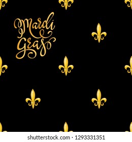 Fleur-de-lis royal, luxury seamless pattern background. new orlean ornament with golden heraldic symbol fleur-de-lis. Mardi Gras lettering 