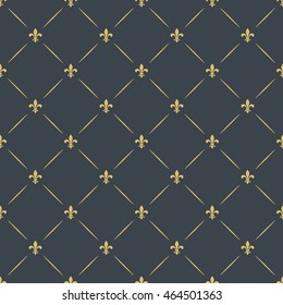 Fleur-de-lis Royal, Luxury Seamless Pattern Background. Floral Ornament With Diagonal Golden Heraldic Symbol Fleur-de-lis. Vector Illustration
