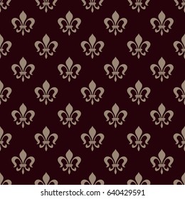 Fleur-de-Lis seamless pattern, vector. Use for classic interior or heraldry design with victorian stylized grey floral compositions on dark brown background.