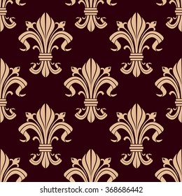 Fleur-de-lis seamless pattern of victorian stylized lily flowers with beige curly leaves and fragile buds over maroon background. May be used as heraldic, historical backdrop or interior design