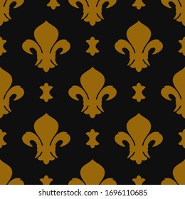 Fleur-de-lis seamless patterns with black gold background. Vector illustration.