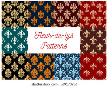 Fleur-de-lis seamless patterns of royal lily flower. Imperial floral fleur-de-lys pattern and ornate motif tracery tiles. Vector background of heraldic flourish ornament. Interior design backdrop