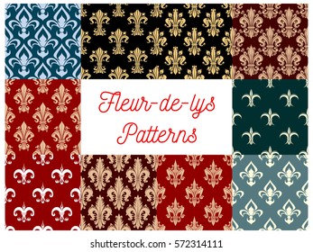 Fleur-de-lis seamless patterns. Vector royal heraldic french lily floral ornament or flourish tracery and flowery embellishment. Fleur-de-lys backdrop for interior design. Imperial ornate motif ti