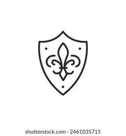  Icono de escudo Fleur-de-lis. Un símbolo simple y elegante de nobleza y heráldica, a menudo asociado con el escudo de armas real y emblemas medievales de caballero. Ilustración vectorial aislada sobre fondo blanco