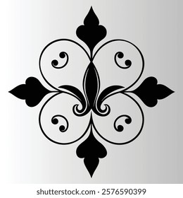 Fleur-de-lis symbol, circular design, black and white graphic, symmetrical pattern, ornate emblem.