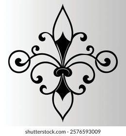 Fleur-de-lis symbol, ornate flourishes, black and white design,symmetrical pattern.