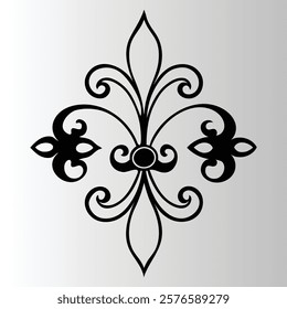 Fleur-de-lis symbol, ornate scrollwork design, black and white illustration.