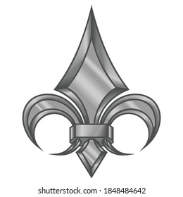 Fleur-de-lis vector design in grayscale metallic style, representation of the lily flower, a symbol used in medieval heraldry. All on white background.