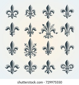 Fleur-de-lis vintage symbols set. Heraldic lily. Royal french heraldry design elements for coat of arms, emblem or medieval design.