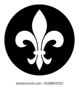 Fleur-de-lis, white vector silhouette illustration of Lily flower heraldic charge shape symbol Fleur de lys, in black circle isolated on white background