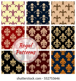 Fleur-de-lys french royal seamless pattern set. French floral background with royal lily flowers, swirls and victorian flourishes. Wallpaper, interior accessory, fabric design