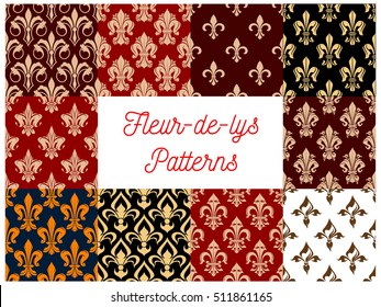 Fleur-de-lys royal lily seamless patterns set. Vector french fleur-de-lis royal heraldic flower decorative luxury elements for interior decoration background