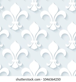 Fleur-de-lys seamless background with 3d shadow, repeating background. Vector illustration.