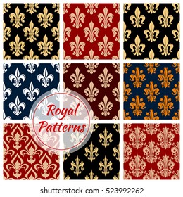 Fleur-de-lys seamless pattern background with french royal floral ornament of lily flower, adorned by victorian leaf scroll and flourishes. Vintage interior, wallpaper or french monarchy theme design