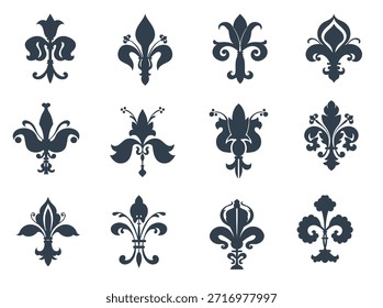Ícones Fleurs de lis. Símbolo heráldico silhuetas pretas, sinal heráldico real, idade média francesa, ornamento clássico de flor de lírio estilizado, elemento isolado vintage, design de tatuagem, conjunto de vetor esplêndido