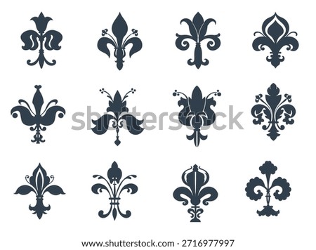 Fleurs de lis icons. Heraldic symbol black silhouettes, heraldry royal sign, french middle ages, stylized lily flower classical ornament, vintage isolated element, tattoo design, splendid vector set
